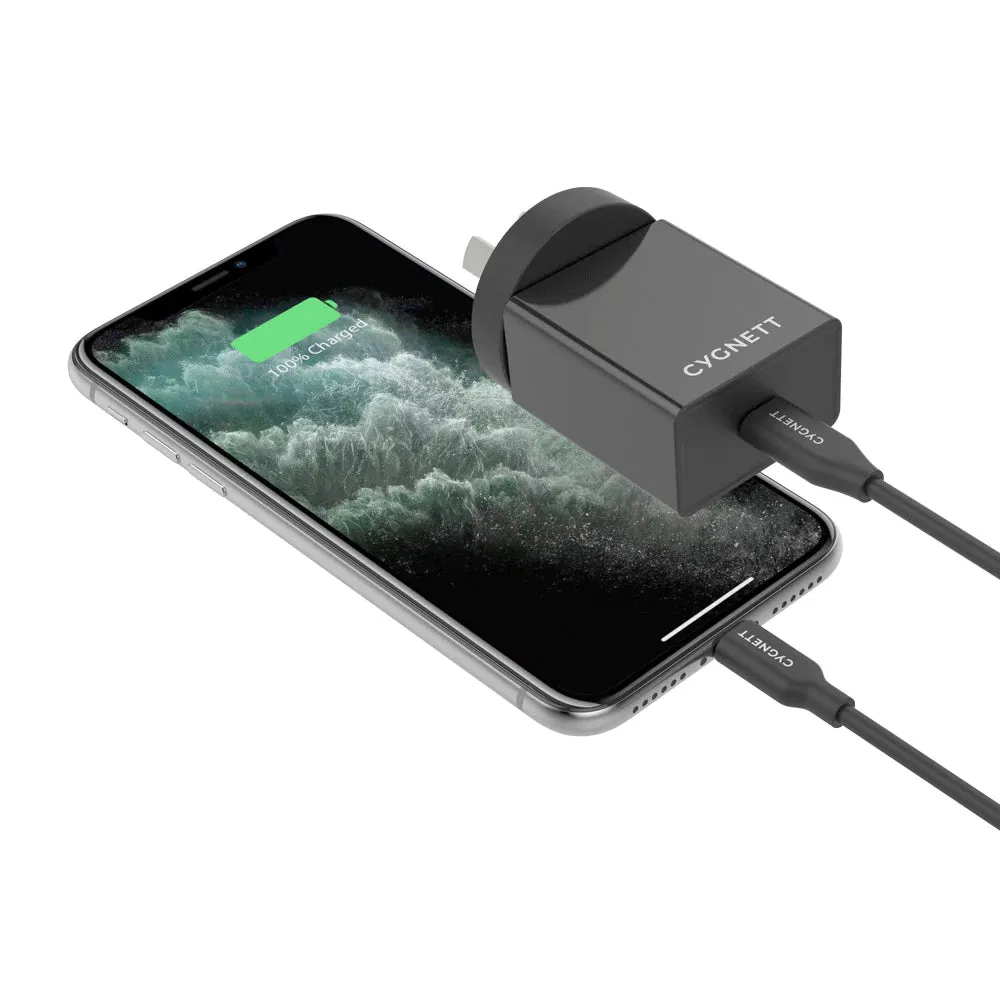 Cygnett 18W Wall Charger   Lightning to USB-C Cable Black