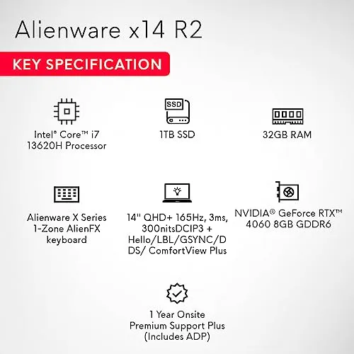 Dell Alienware x14 R2 Gaming Laptop, Intel Core i7-13620H/32GB/1TB SSD/NVIDIA RTX 4060 8GB GDDR6/14'' (35.56Cms) QHD  165Hz, 3ms, 300nits/Win 11 MSO'21 McAfee 15 Month/Lunar Silver/2.08Kgs