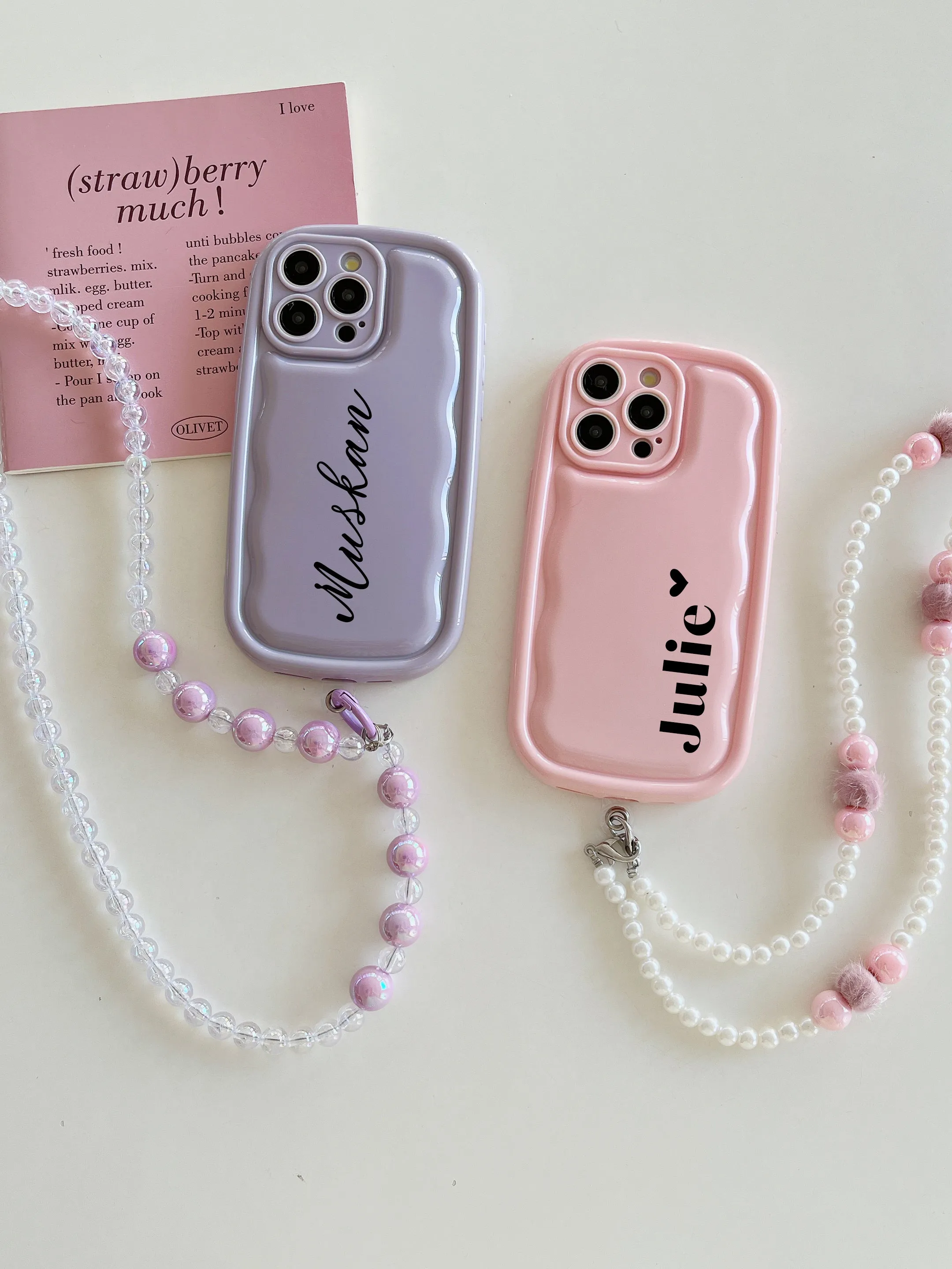 Designer Solid Color Wawy Customised Silicon Case for iPhone With Sling Beaded Chain