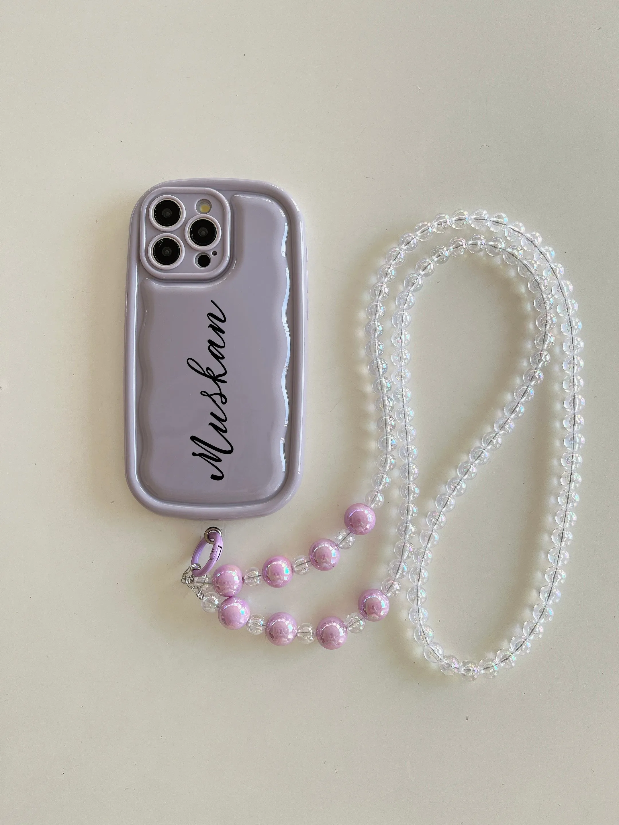 Designer Solid Color Wawy Customised Silicon Case for iPhone With Sling Beaded Chain