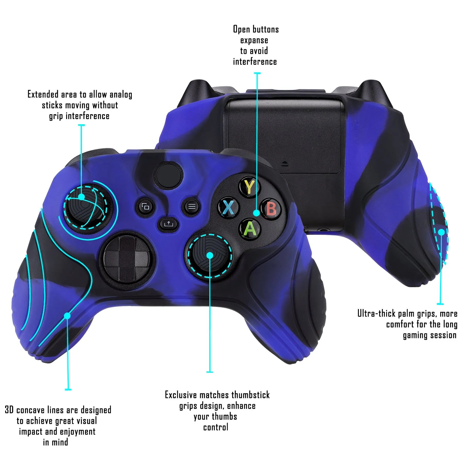 eXtremeRate Samurai Blue & Black Anti-slip Controller Grip Silicone Skin, Ergonomic Soft Rubber Protective Case Cover for Xbox Series S/X Controller with Black Thumb Stick Caps - WAX3017