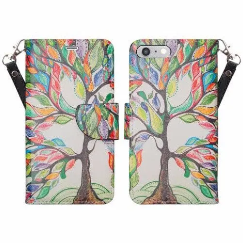 For Apple iPhone 7 Plus Case, Wrist Strap Pu Leather Magnetic Flip Fold[Kickstand] Wallet Case with ID & Card Slots for Iphone 7 Plus - Colorful Tree