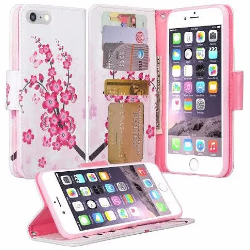 For Apple iPhone 8 Case,  Wrist Strap Pu Leather Magnetic Flip Fold[Kickstand] Wallet Case with ID & Card Slots for iPhone 8 - Cherry Blossom