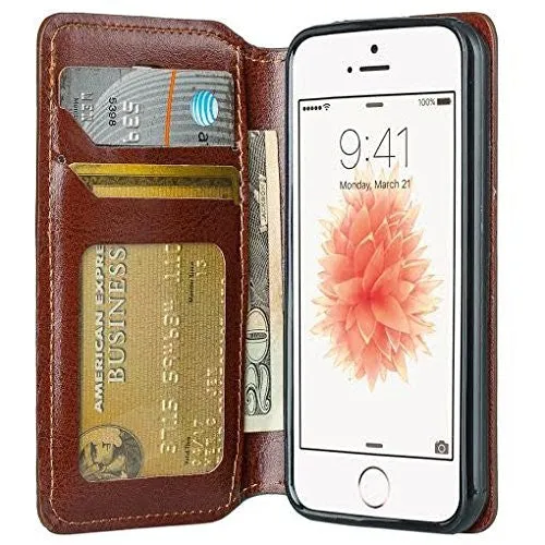 For iPhone SE Case | iPhone 5S/5 Case, Pu Leather Magnetic Fold Wallet Case[Kickstand] with ID & Card Slots for Apple Iphone SE/5S/5 - Brown