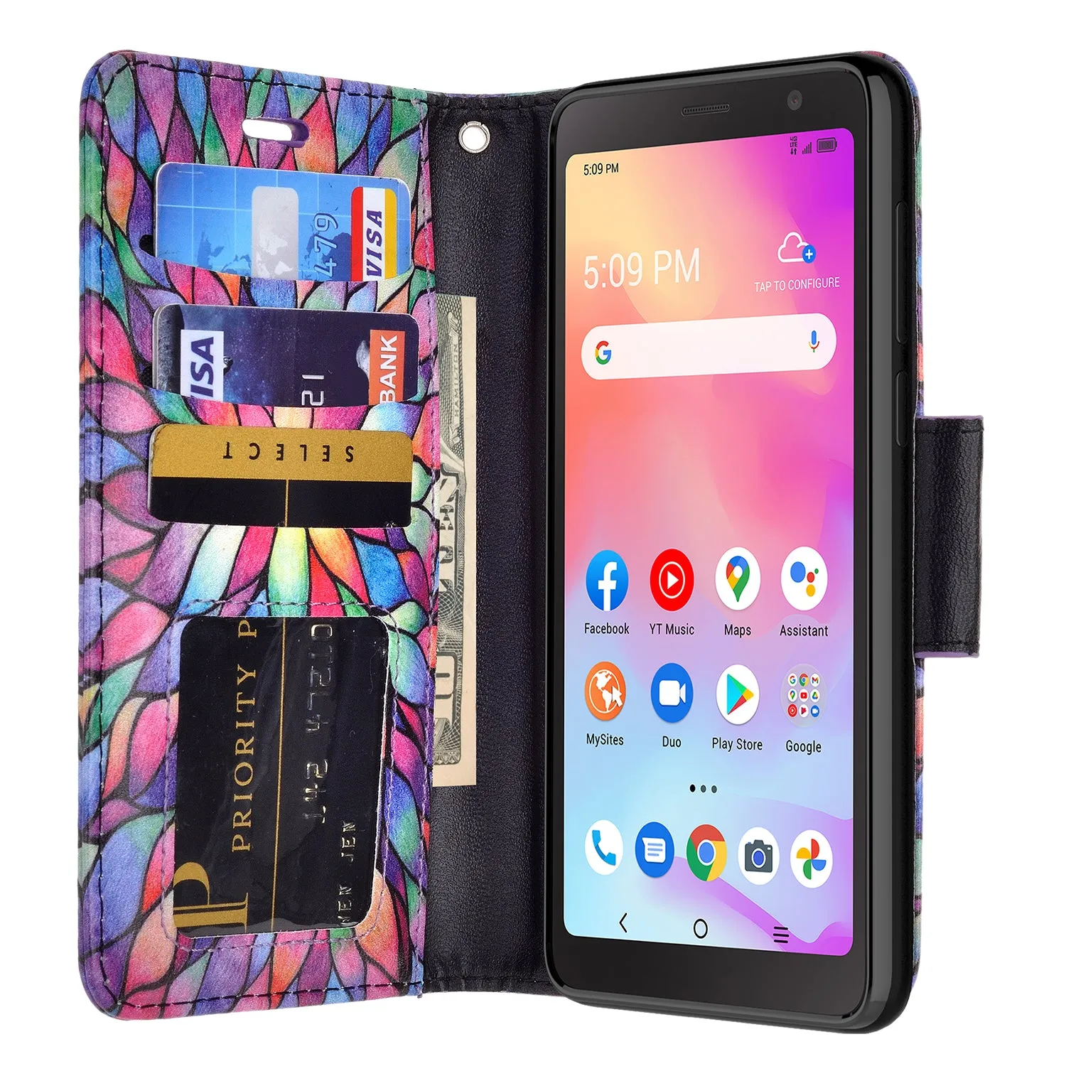 For TCL A3 Case, TCL A3 Wallet Case, Wrist Strap Pu Leather Wallet Case [Kickstand] with ID & Credit Card Slots - Rainbow Flower