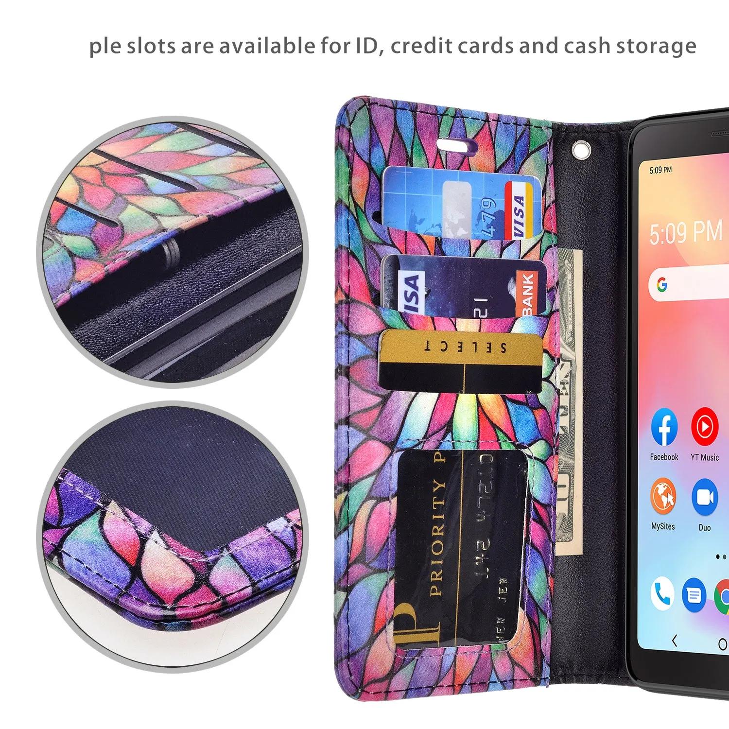 For TCL A3 Case, TCL A3 Wallet Case, Wrist Strap Pu Leather Wallet Case [Kickstand] with ID & Credit Card Slots - Rainbow Flower