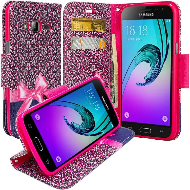 Galaxy Go Prime Case / Grand Prime Wallet Case, Wrist Strap Magnetic Flip Fold[Kickstand] Pu Leather Wallet Case with ID & Credit Card Slot - Hot Pink Cheetah