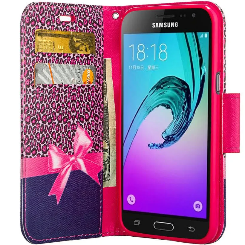 Galaxy Go Prime Case / Grand Prime Wallet Case, Wrist Strap Magnetic Flip Fold[Kickstand] Pu Leather Wallet Case with ID & Credit Card Slot - Hot Pink Cheetah