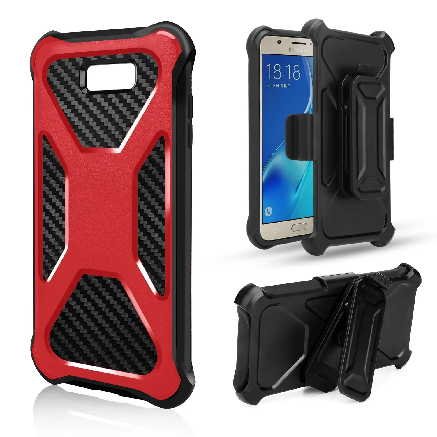 Galaxy J3 Emerge Case, Rugged Slim Rotating Swivel Lock Carbon Fiber Combo Case for Galaxy J3 Emerge - Red