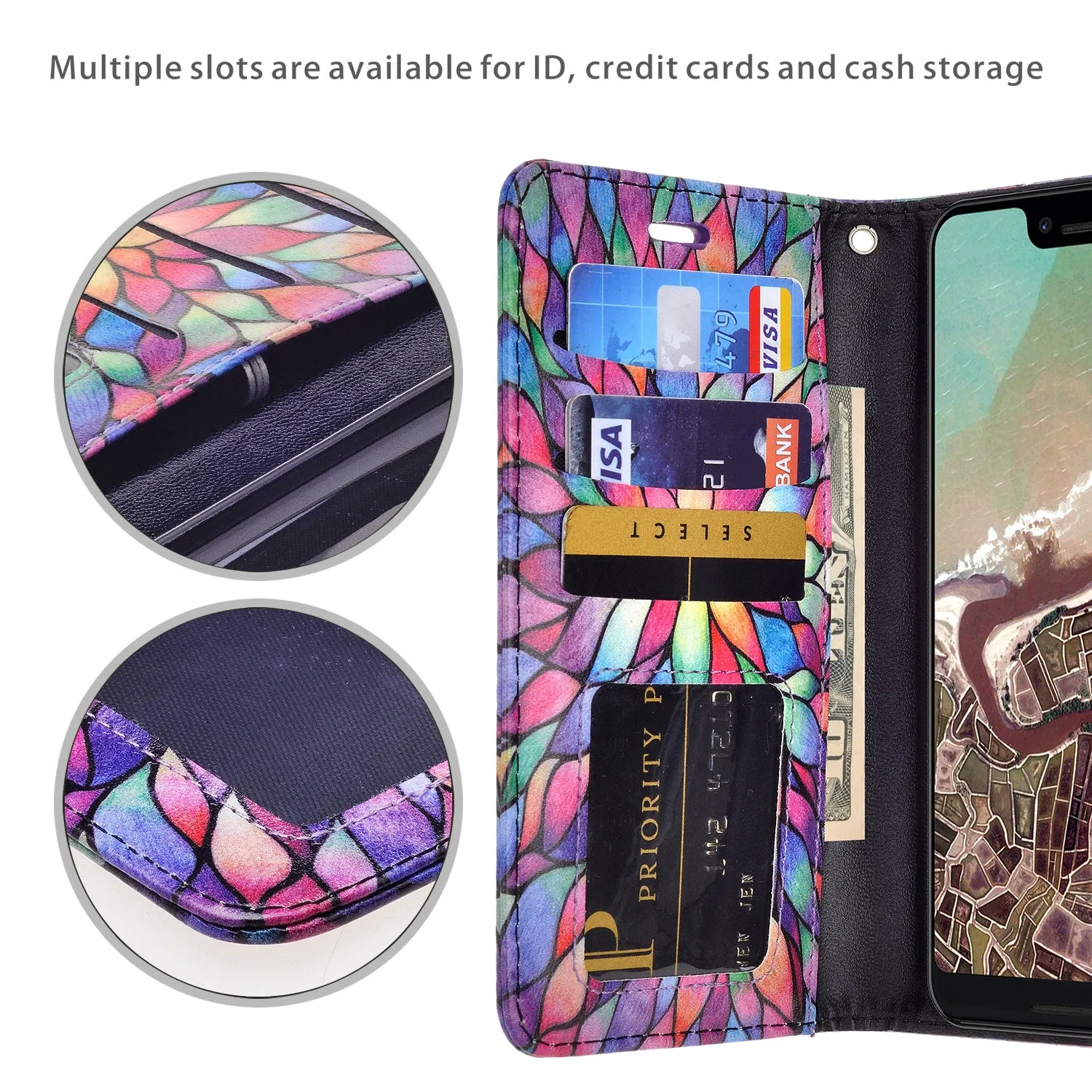 Google Pixel 3a Case, Pixel 3a Wallet Case, Wrist Strap Pu Leather Wallet Case [Kickstand] with ID & Credit Card Slots - Rainbow Flower