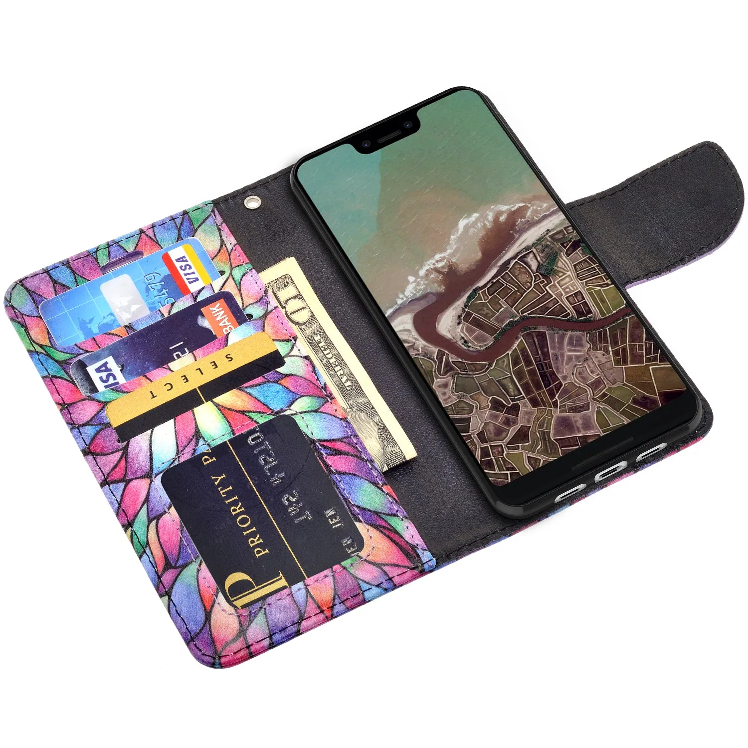 Google Pixel 3a Case, Pixel 3a Wallet Case, Wrist Strap Pu Leather Wallet Case [Kickstand] with ID & Credit Card Slots - Rainbow Flower