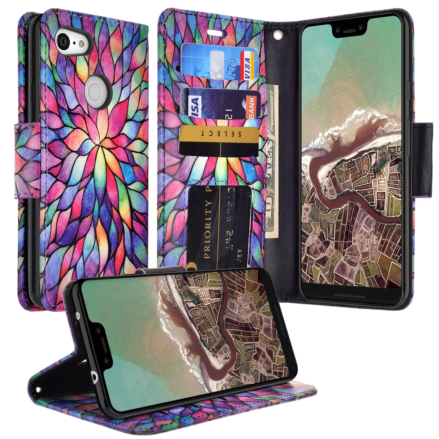 Google Pixel 3a Case, Pixel 3a Wallet Case, Wrist Strap Pu Leather Wallet Case [Kickstand] with ID & Credit Card Slots - Rainbow Flower