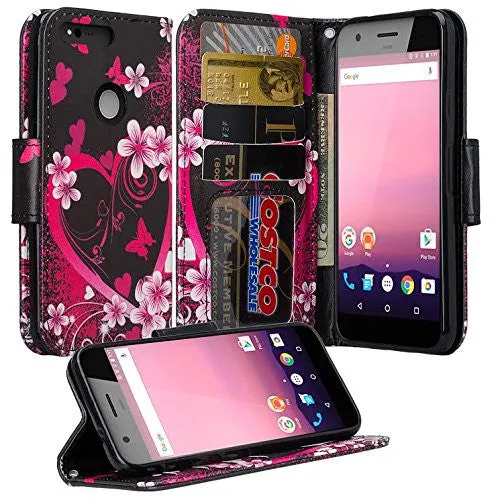 Google Pixel Case, Pu Leather Magnetic Fold[Kickstand] Wallet Case with ID & Card Slots for Google Pixel - Flower Hearts