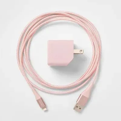 heyday 2-Port Wall Charger 15W USB-C & 5W USB-A (with 6' Lightning to USB-A Cable) - Pink/Rose Gold