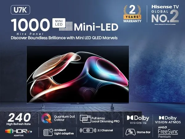 Hisense 164 cm (65 inches) 4K Ultra HD Smart Mini LED QLED TV 65U7K (Black) | HSR 240 Mode | 384 Full Array Local Dimming Zones | 1000 Nits Panel