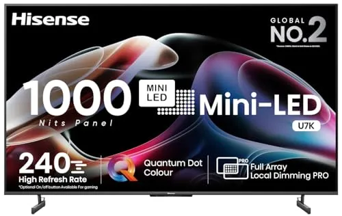 Hisense 164 cm (65 inches) 4K Ultra HD Smart Mini LED QLED TV 65U7K (Black) | HSR 240 Mode | 384 Full Array Local Dimming Zones | 1000 Nits Panel