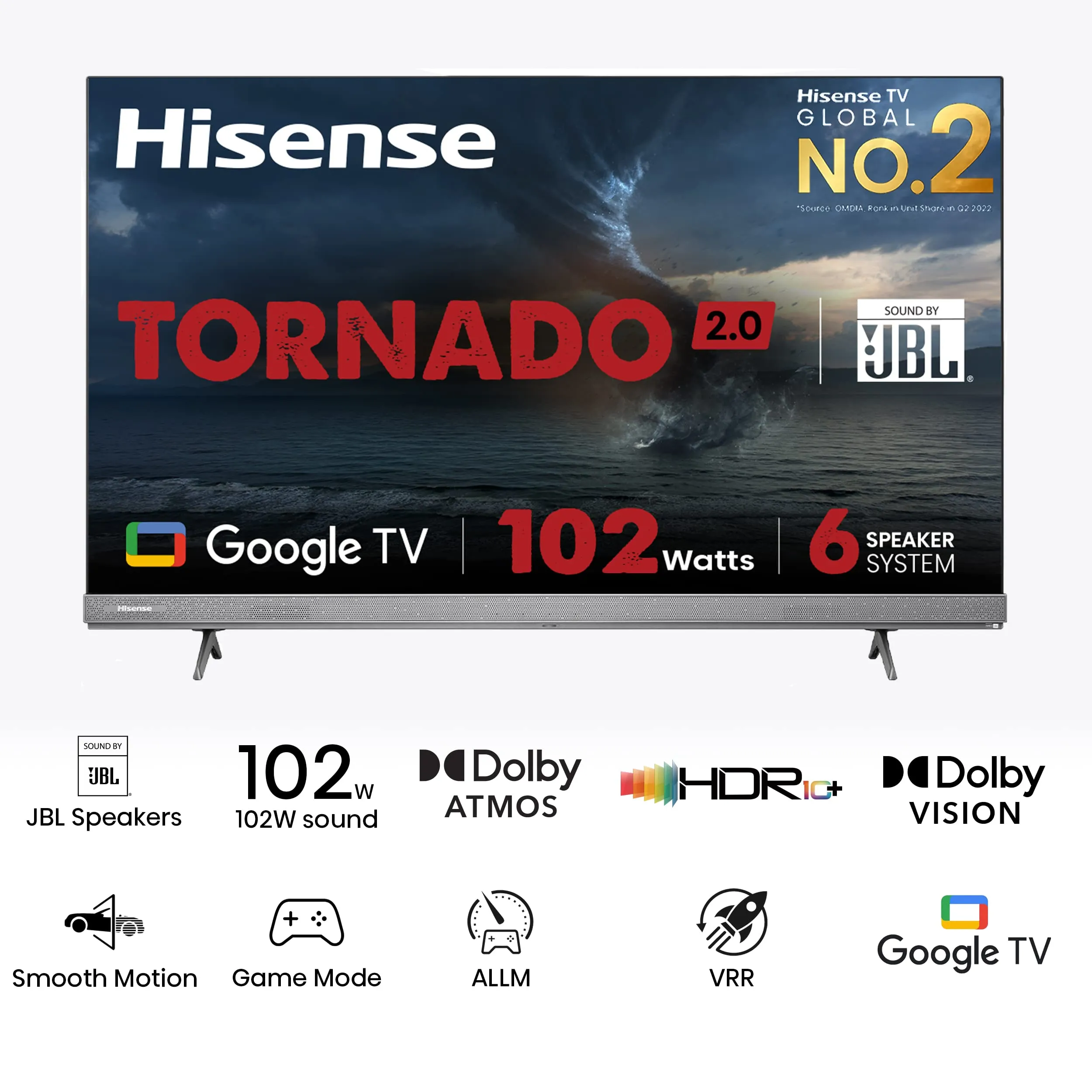 Hisense 164 cm (65 inches) Tornado 2.0 Series 4K Ultra HD Smart LED Google TV (65A7H, Silver) | Built in JBL 20 W Subwoofer | HDR 10  | Dolby Vision & Atmos