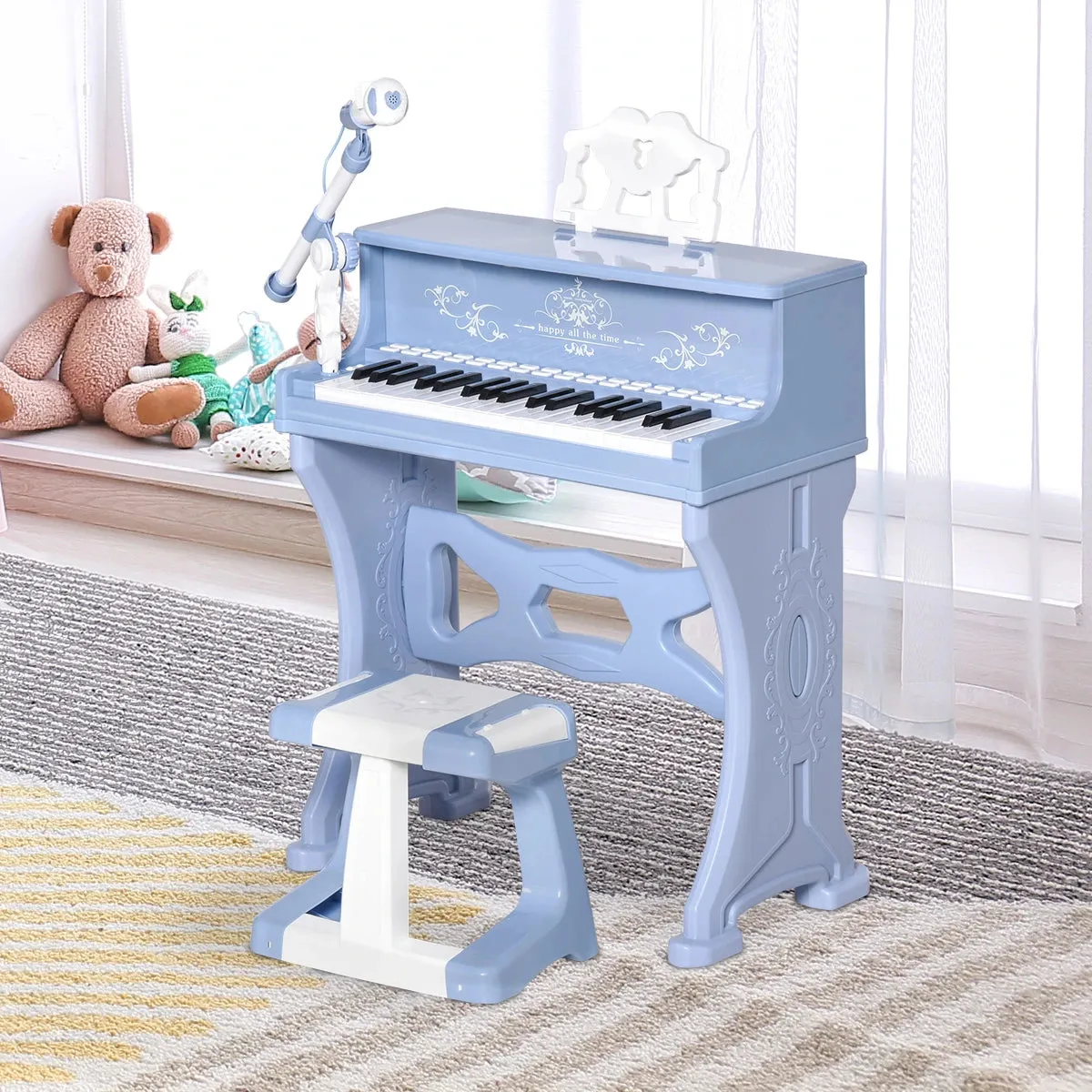 HOMCOM kids Electronic Piano Keyboard with Stool and Microphone - Blue