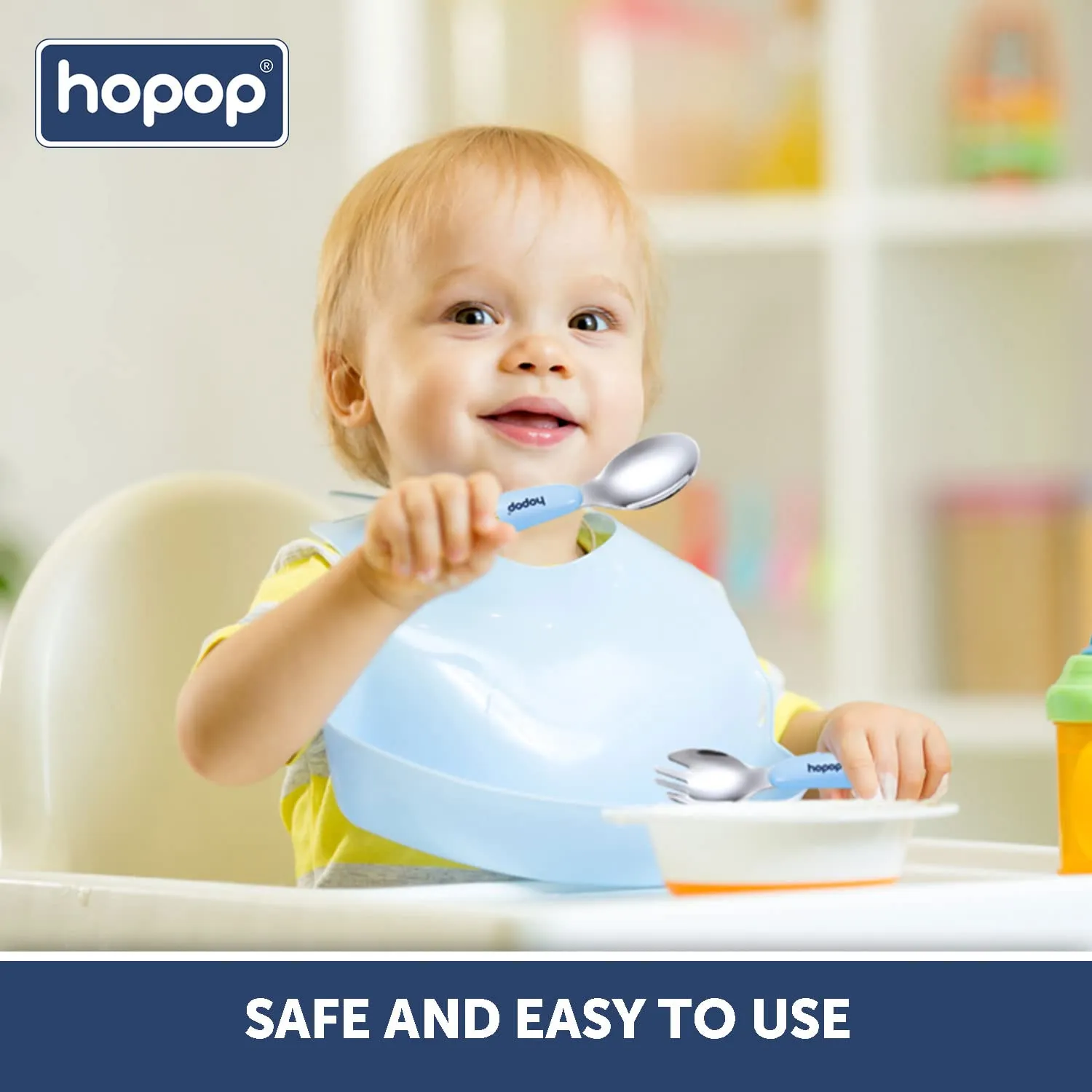 Hopop Spoon & Fork with Travel Case For Babies - Blue 6m 