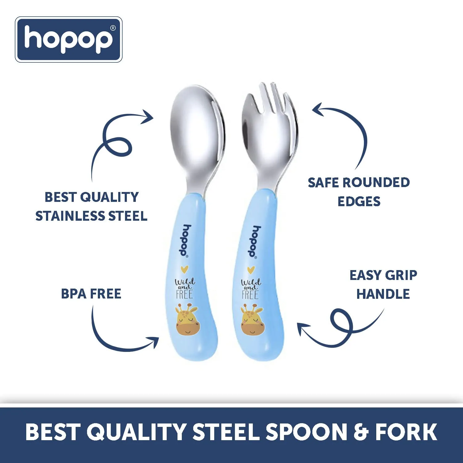 Hopop Spoon & Fork with Travel Case For Babies - Blue 6m 