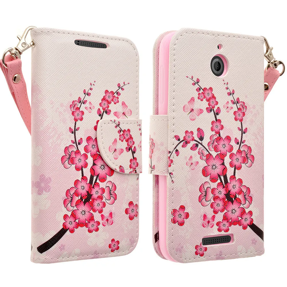 HTC Desire 510 Case, Wrist Strap Magnetic Fold[Kickstand] Pu Leather Wallet Case with ID & Credit Card Slots for HTC Desire 510- Cherry Blossom