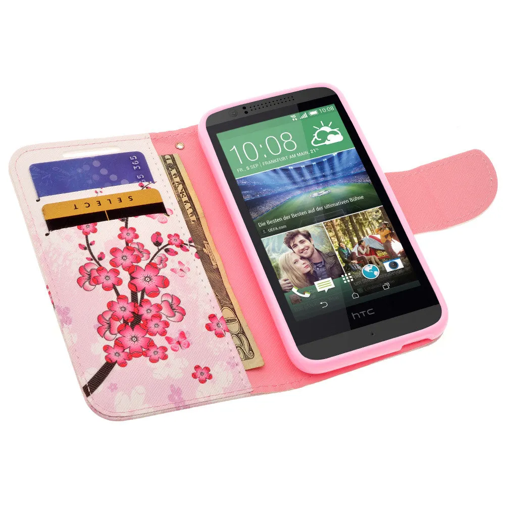 HTC Desire 510 Case, Wrist Strap Magnetic Fold[Kickstand] Pu Leather Wallet Case with ID & Credit Card Slots for HTC Desire 510- Cherry Blossom