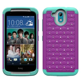 HTC Desire 526 Rhinestone Case , Slim Hybrid Dual Layer[Shock Resistant] Crystal Rhinestone Studded Case Cover - Purple/Teal