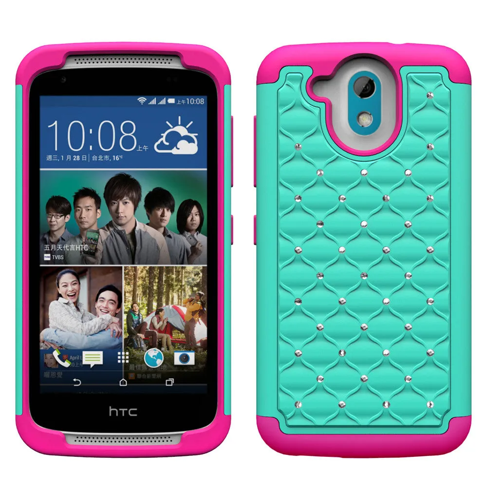 HTC Desire 526 Rhinestone Case , Slim Hybrid Dual Layer[Shock Resistant] Crystal Rhinestone Studded Case Cover - Teal/Hot Pink