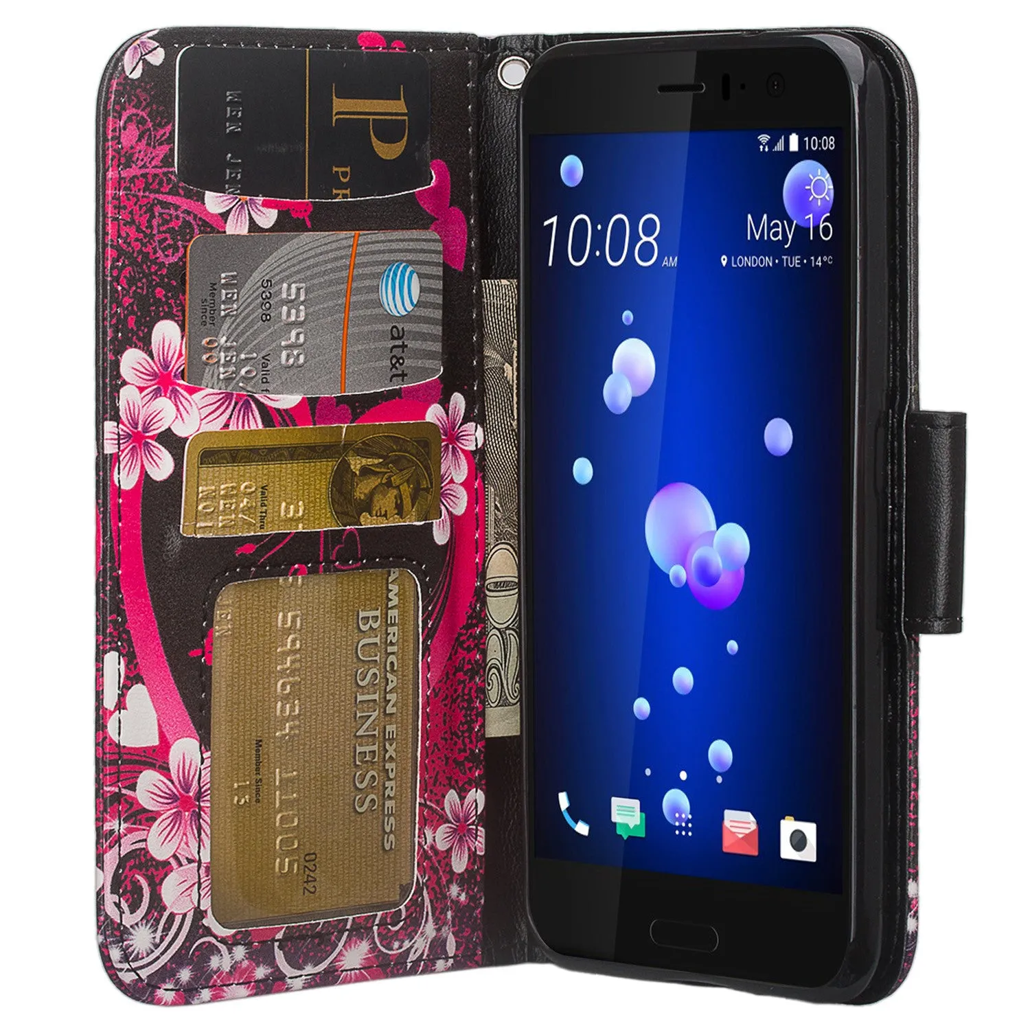 HTC U11 Case, U11 Wallet Case, Wrist Strap Pu Leather Wallet Case [Kickstand] with ID & Credit Card Slots - Heart Butterflies