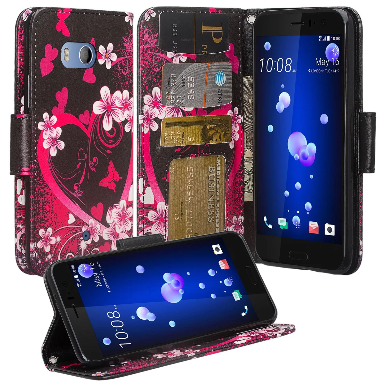 HTC U11 Case, U11 Wallet Case, Wrist Strap Pu Leather Wallet Case [Kickstand] with ID & Credit Card Slots - Heart Butterflies