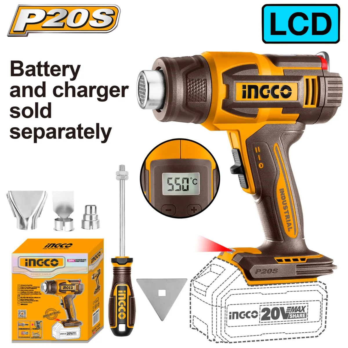 Ingco Cordless Heat Gun 20V with LCD screen (Tool Only)