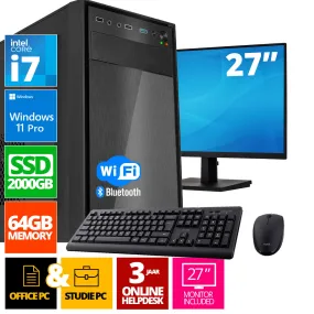 Intel Compleet PC SET | Intel Core i7 | 64 GB DDR4 | 2 TB SSD   27 Inch Monitor   Muis   Toetsenbord | Windows 11 Pro   WiFi & Bluetooth