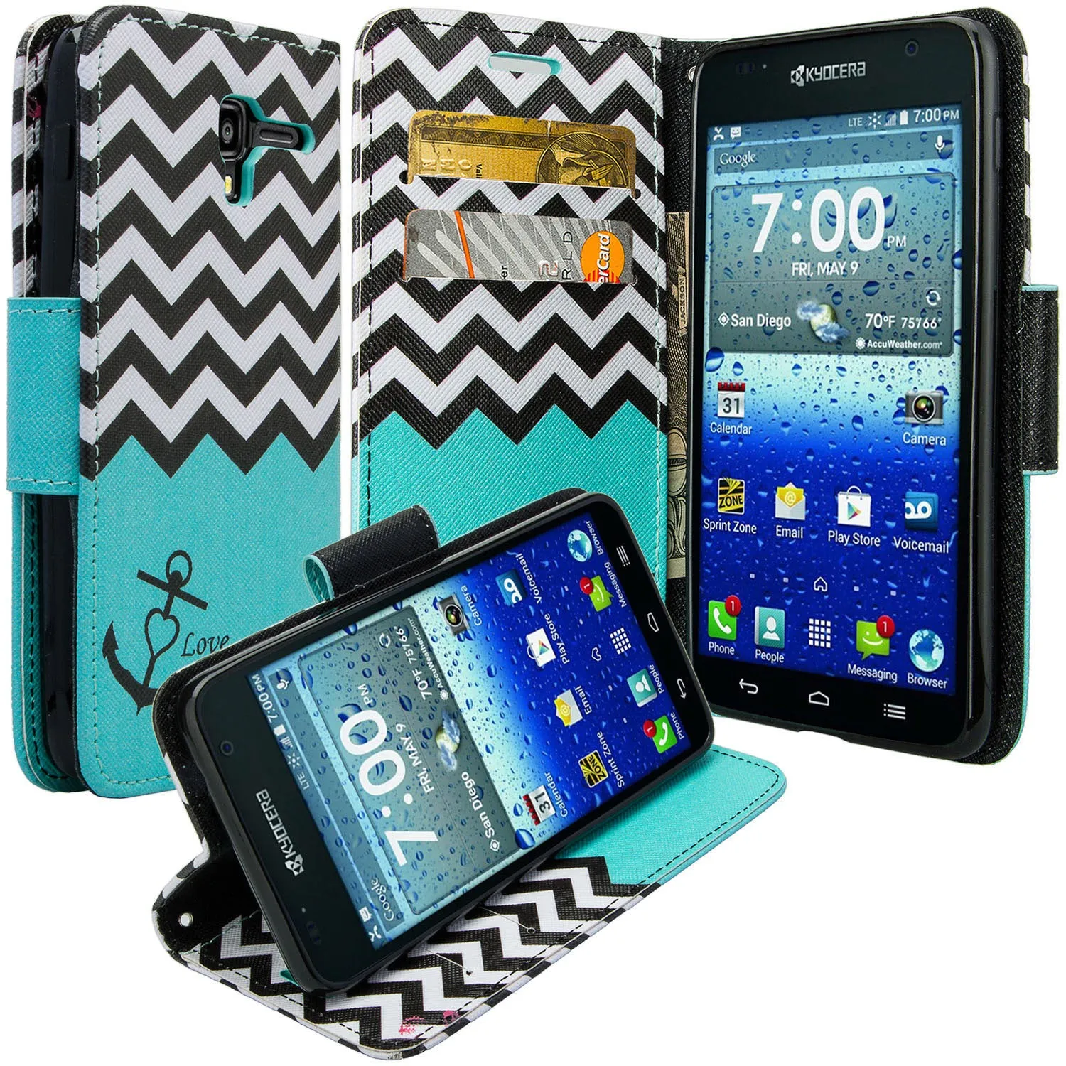 Kyocera Hydro View Wallet Case, Wrist Strap Pu Leather Magnetic Flip Fold[Kickstand] with ID & Card Slots for Kyocera Hydro View - Teal Anchor