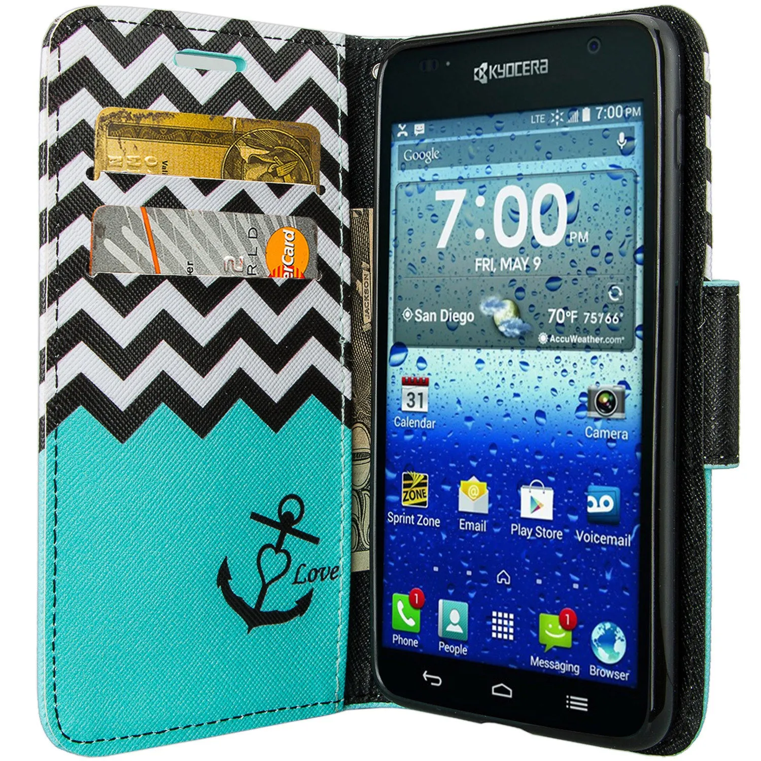 Kyocera Hydro View Wallet Case, Wrist Strap Pu Leather Magnetic Flip Fold[Kickstand] with ID & Card Slots for Kyocera Hydro View - Teal Anchor