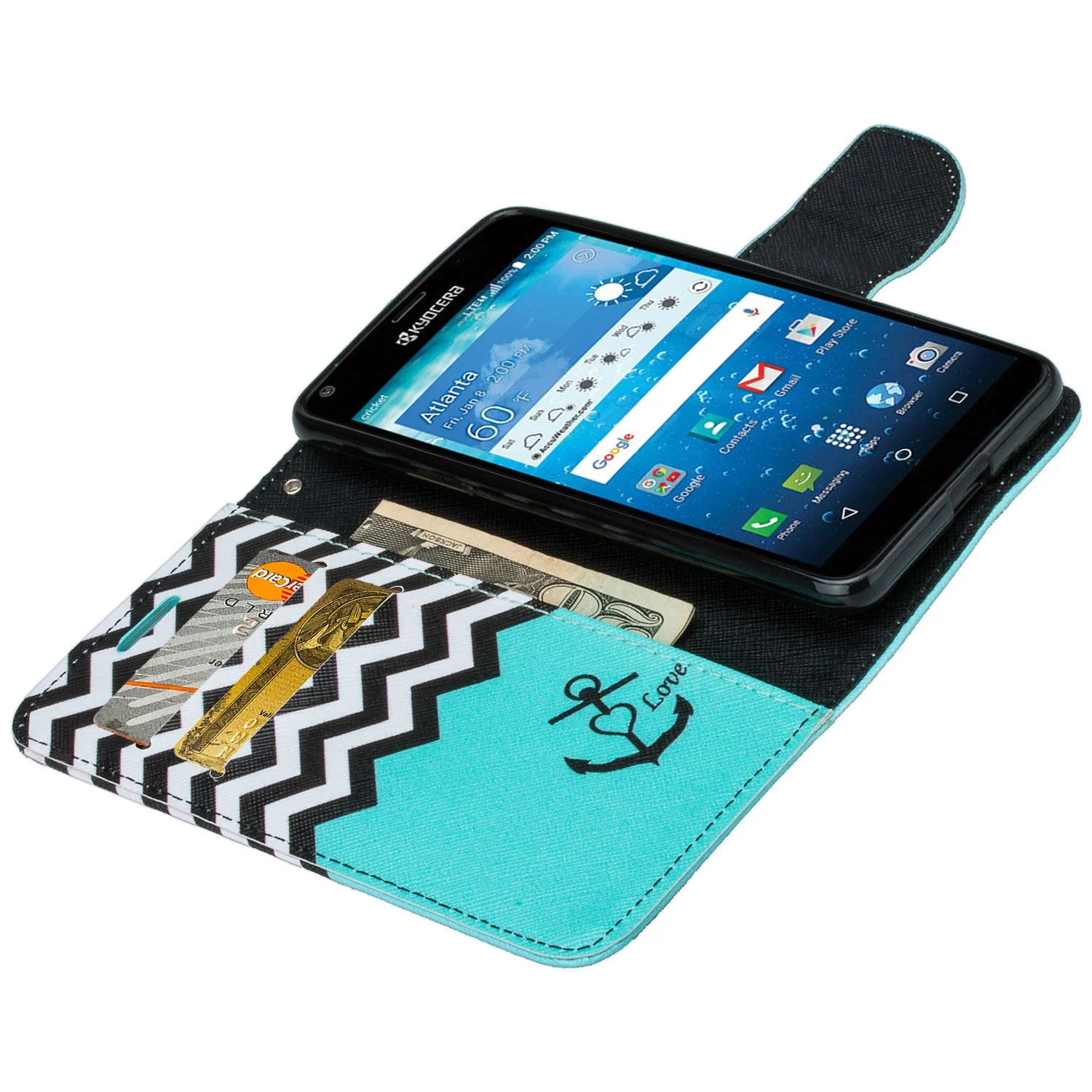 Kyocera Hydro View Wallet Case, Wrist Strap Pu Leather Magnetic Flip Fold[Kickstand] with ID & Card Slots for Kyocera Hydro View - Teal Anchor