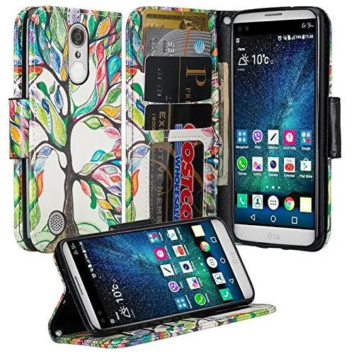 LG Aristo Case, K4 2017, K8 2017, Risio 2, Phoenix 3, Fortune, Wrist Strap Magnetic Fold[Kickstand] Pu Leather Wallet Case Cover with Card Slots - Colorful Tree