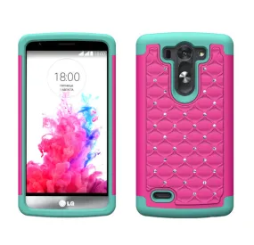 LG G3 s | LG G3 mini | LG G3 Beat | LG G3 Vigor | LG D725 | LG D722 Rhinestone Case , Slim Hybrid Dual Layer[Shock Resistant] Crystal Rhinestone Studded Case Cover - Hot Pink/Teal