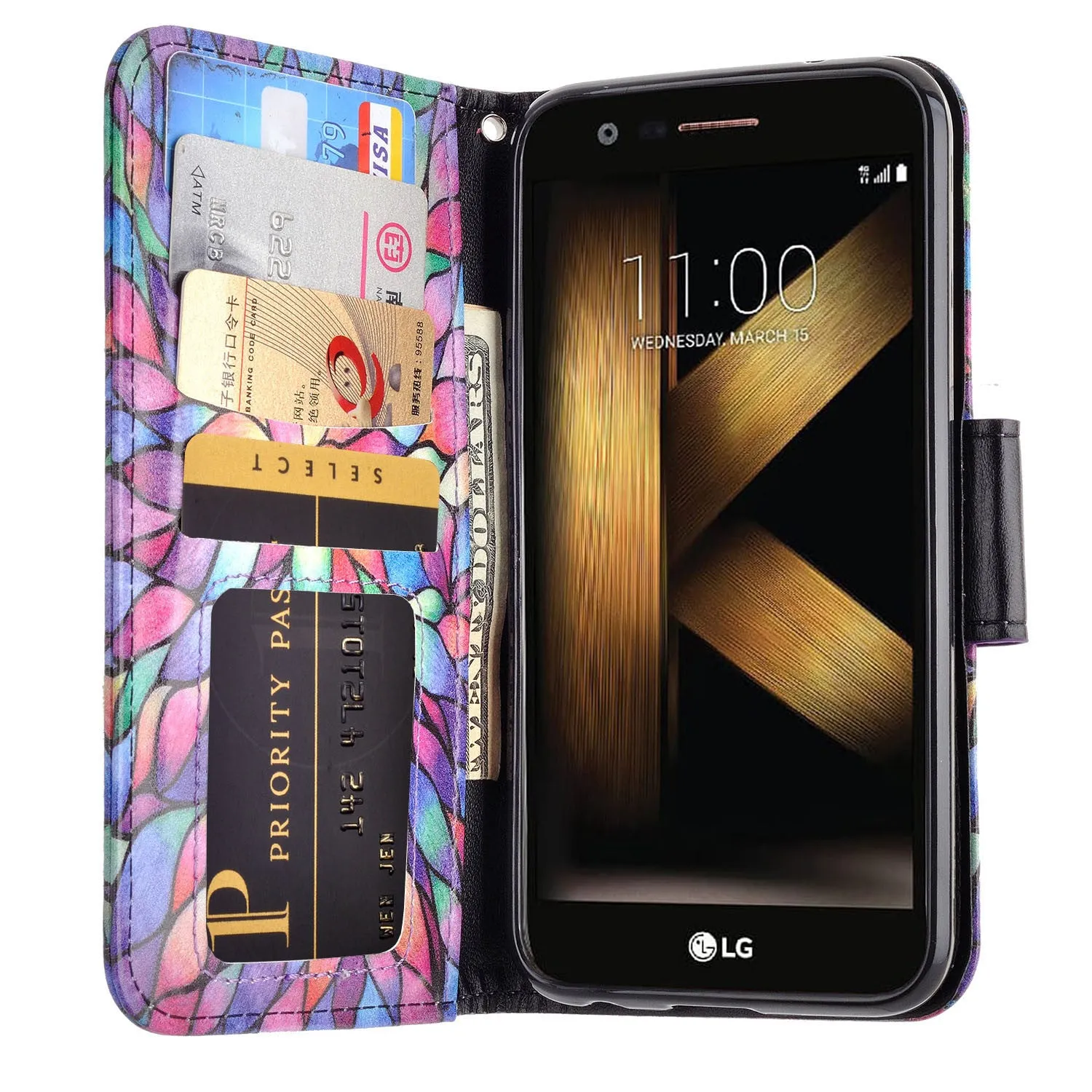 LG K20 Plus Case, LG K20 V, K10 2017 Wrist Strap Pu Leather Magnetic Flip Fold[Kickstand] Wallet Case with ID & Card Slots - Rainbow Flower