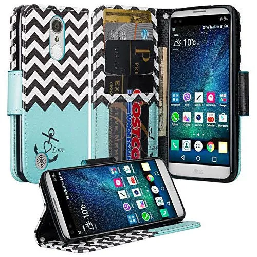 LG K4 (2017) | LG Fortune | LG Phoenix 3 Case, Wrist Strap Magnetic Fold[Kickstand] Pu Leather Wallet Case with ID & Credit Card Slots - Teal Anchor