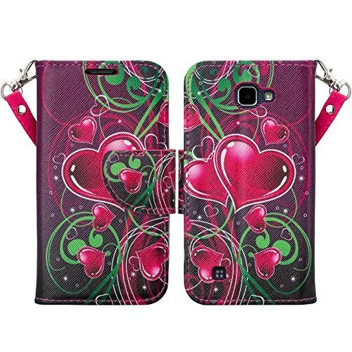 LG Optimus Zone 3 Cases | LG K4 Cases | LG Spree Cases | LG Rebel Cases, Wrist Strap Magnetic Flip Folio [Kickstand Feature] Pu Leather Wallet Case with ID & Credit Card Slot - Heart Strings