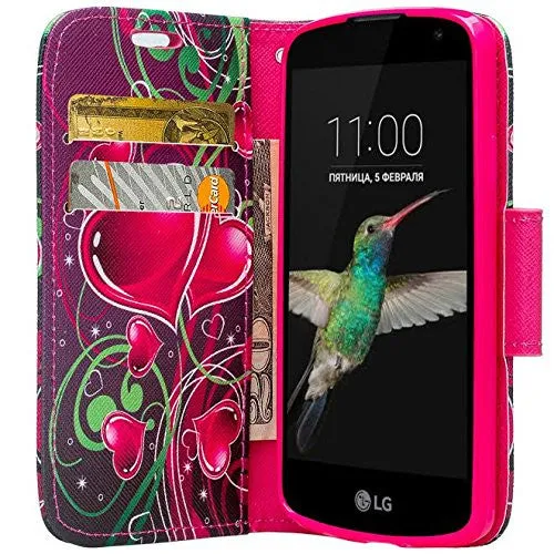 LG Optimus Zone 3 Cases | LG K4 Cases | LG Spree Cases | LG Rebel Cases, Wrist Strap Magnetic Flip Folio [Kickstand Feature] Pu Leather Wallet Case with ID & Credit Card Slot - Heart Strings