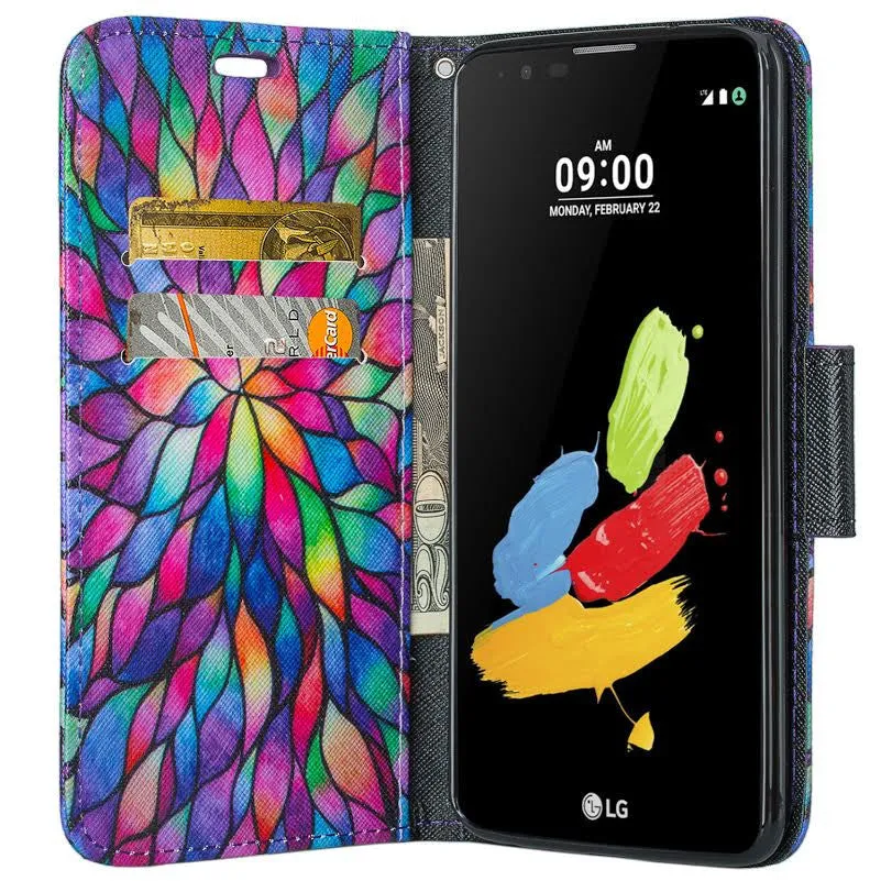 LG Stylo 2 Plus Case, LG Stylo 2 Plus Wallet Case [Kickstand] Pu Leather Wrist Strap Wallet Case w/ ID & Card Slots & Pocket - Rainbow Flower