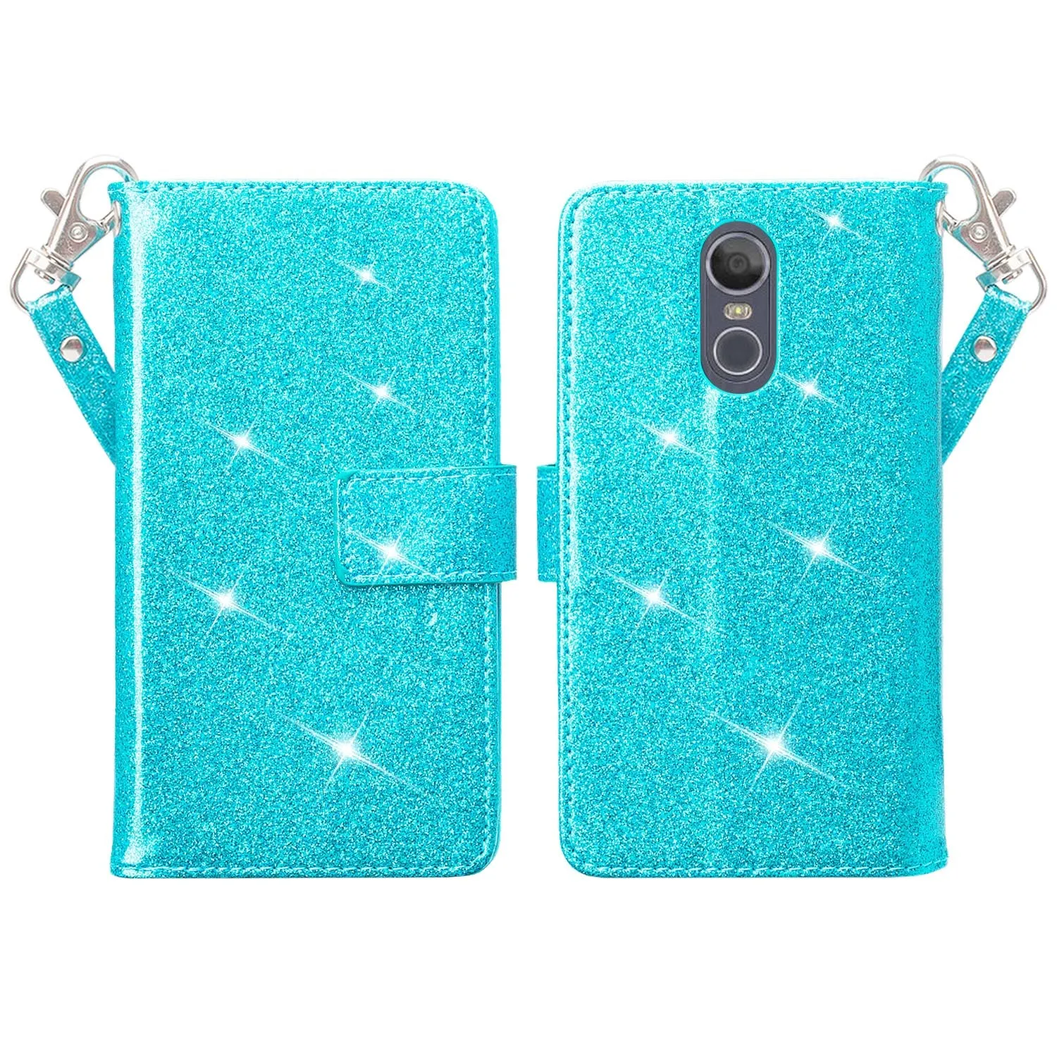 LG Stylo 4 Case, Stylo 4 Plus, Q Stylus Glitter Faux Leather Flip Credit Card Holder Wrist Strap Shockproof Protective Wallet Case Clutch - Teal