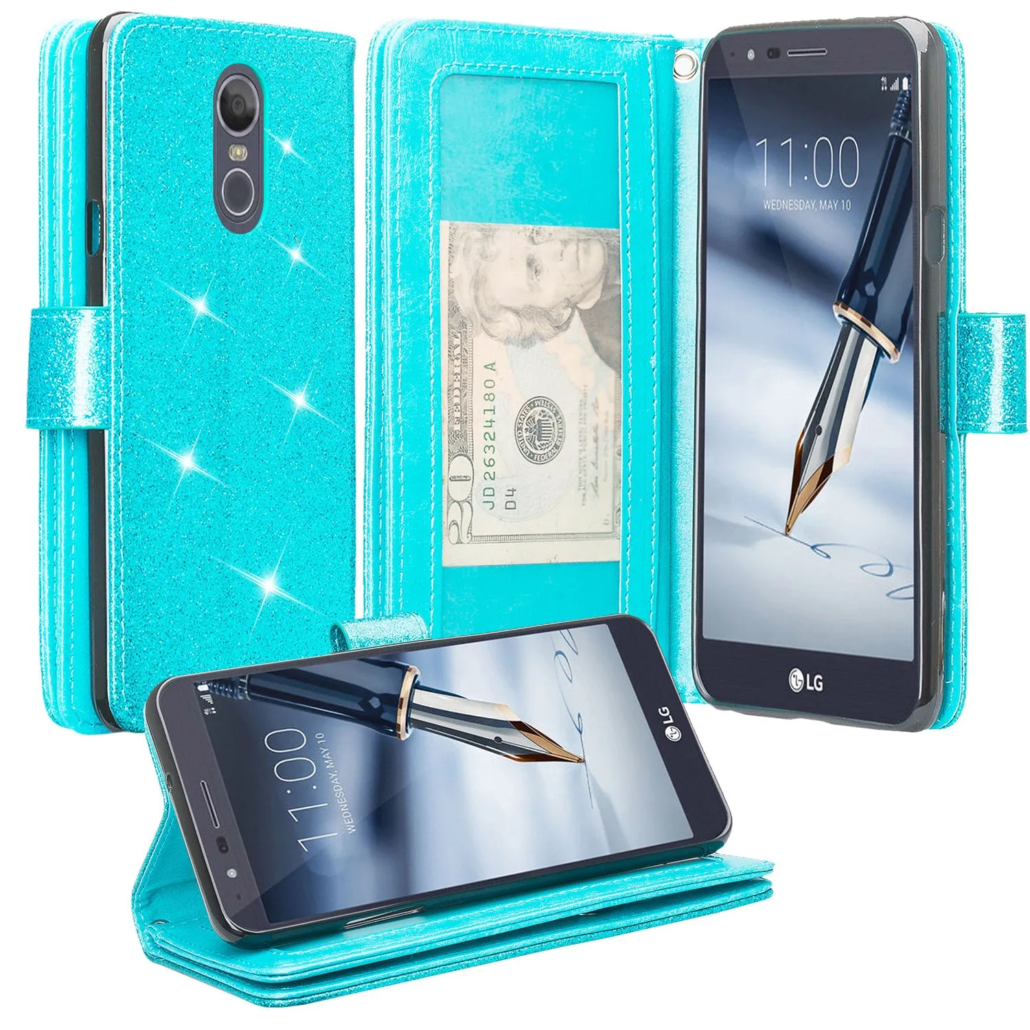 LG Stylo 4 Case, Stylo 4 Plus, Q Stylus Glitter Faux Leather Flip Credit Card Holder Wrist Strap Shockproof Protective Wallet Case Clutch - Teal