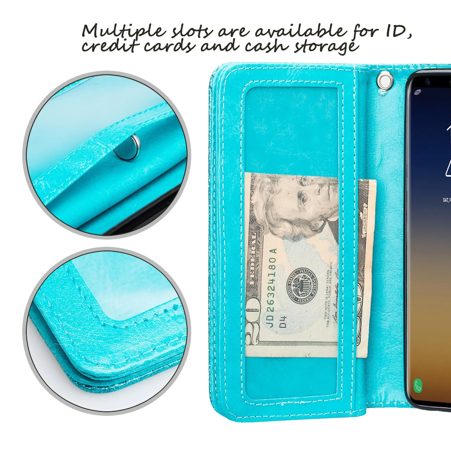 LG Stylo 4 Case, Stylo 4 Plus, Q Stylus Glitter Faux Leather Flip Credit Card Holder Wrist Strap Shockproof Protective Wallet Case Clutch - Teal