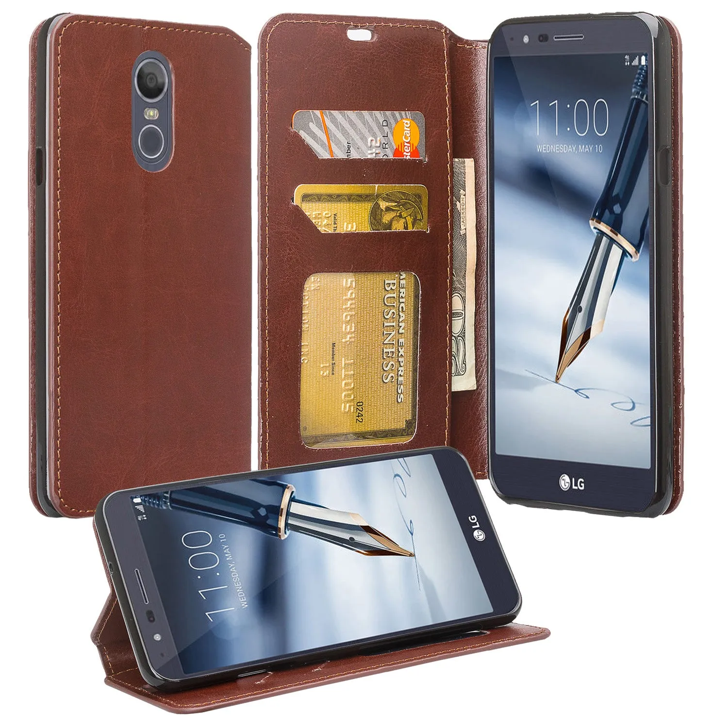 LG Stylo 4 Case, Stylo 4 Plus, Q Stylus Leather Wallet Case [Kickstand] with ID & Credit Card Slots - Brown