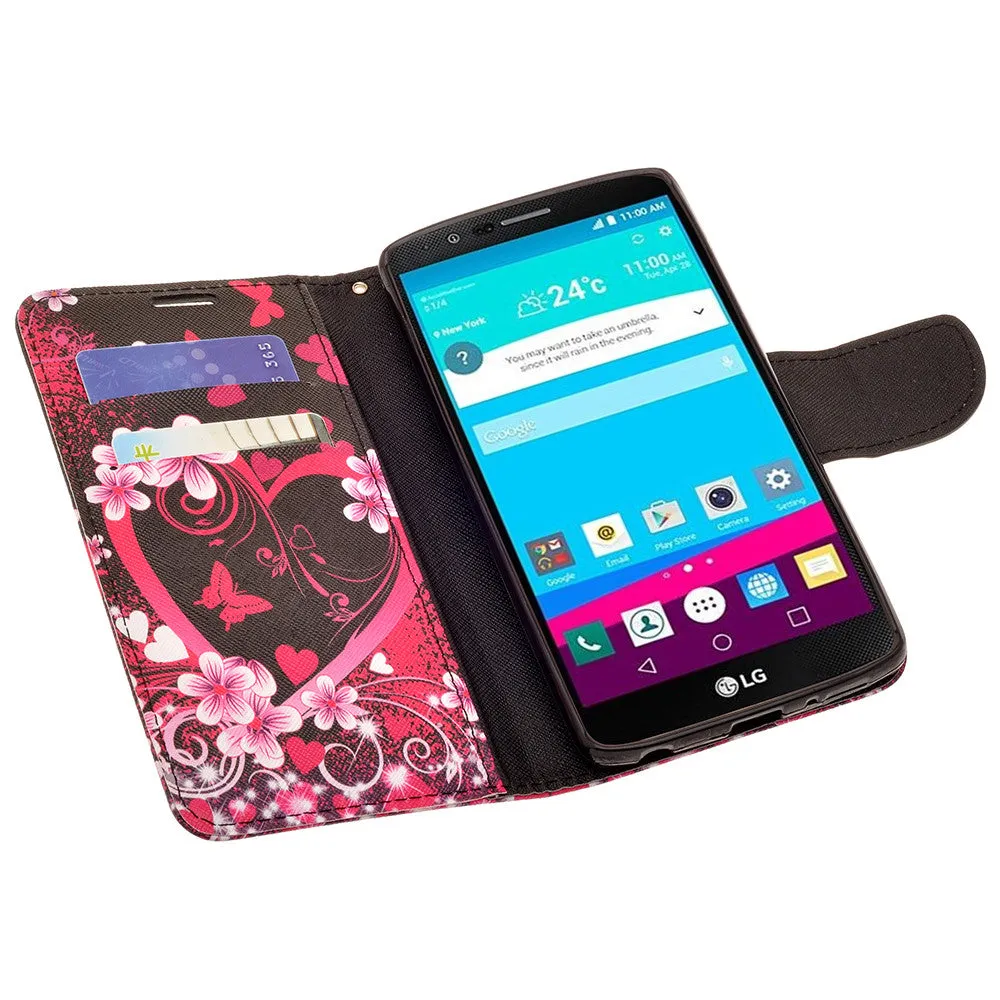 LG V10 Case, Wrist Strap Magnetic Fold[Kickstand] Pu Leather Wallet Case with ID & Credit Card Slots for LG V10 - Heart Butterflies