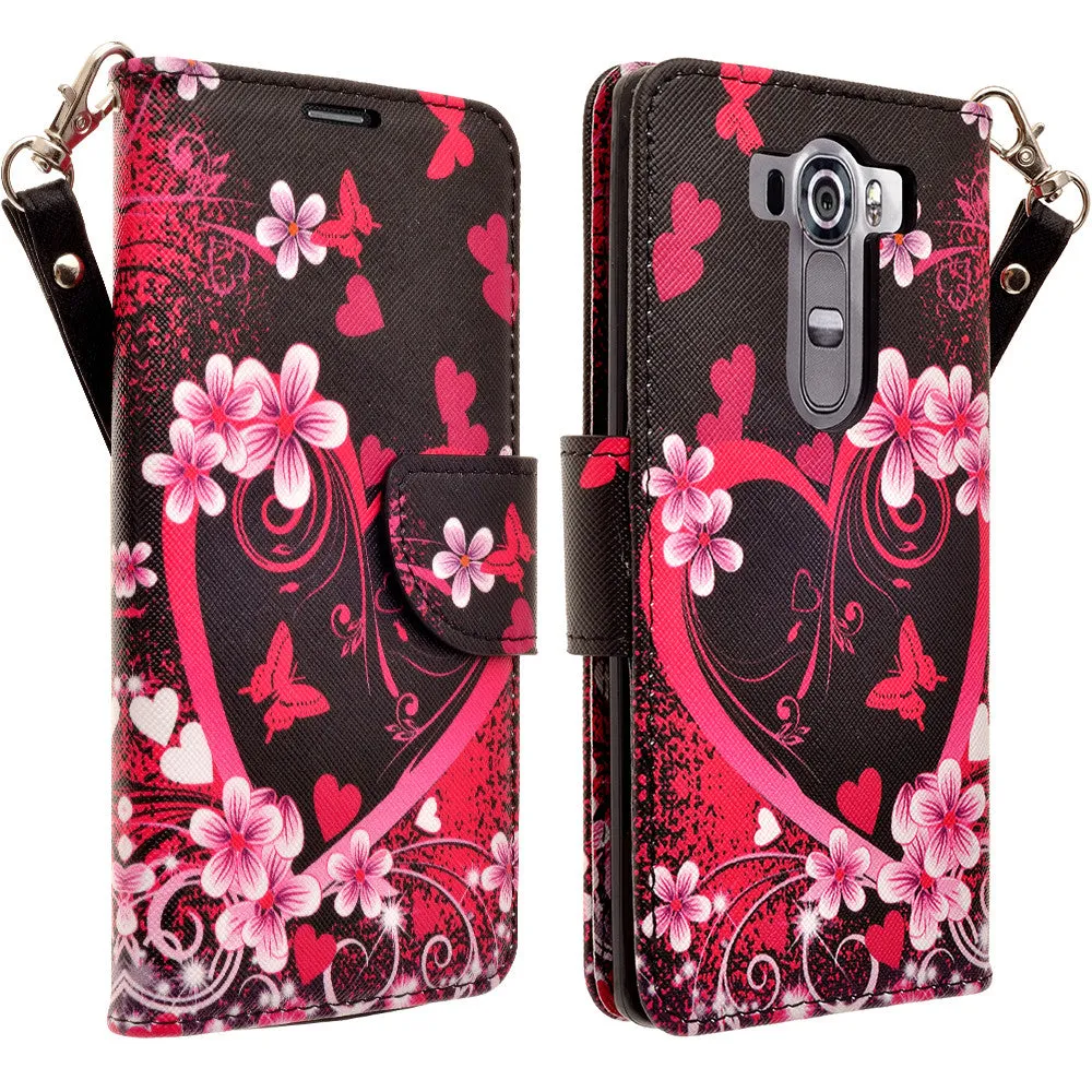 LG V10 Case, Wrist Strap Magnetic Fold[Kickstand] Pu Leather Wallet Case with ID & Credit Card Slots for LG V10 - Heart Butterflies