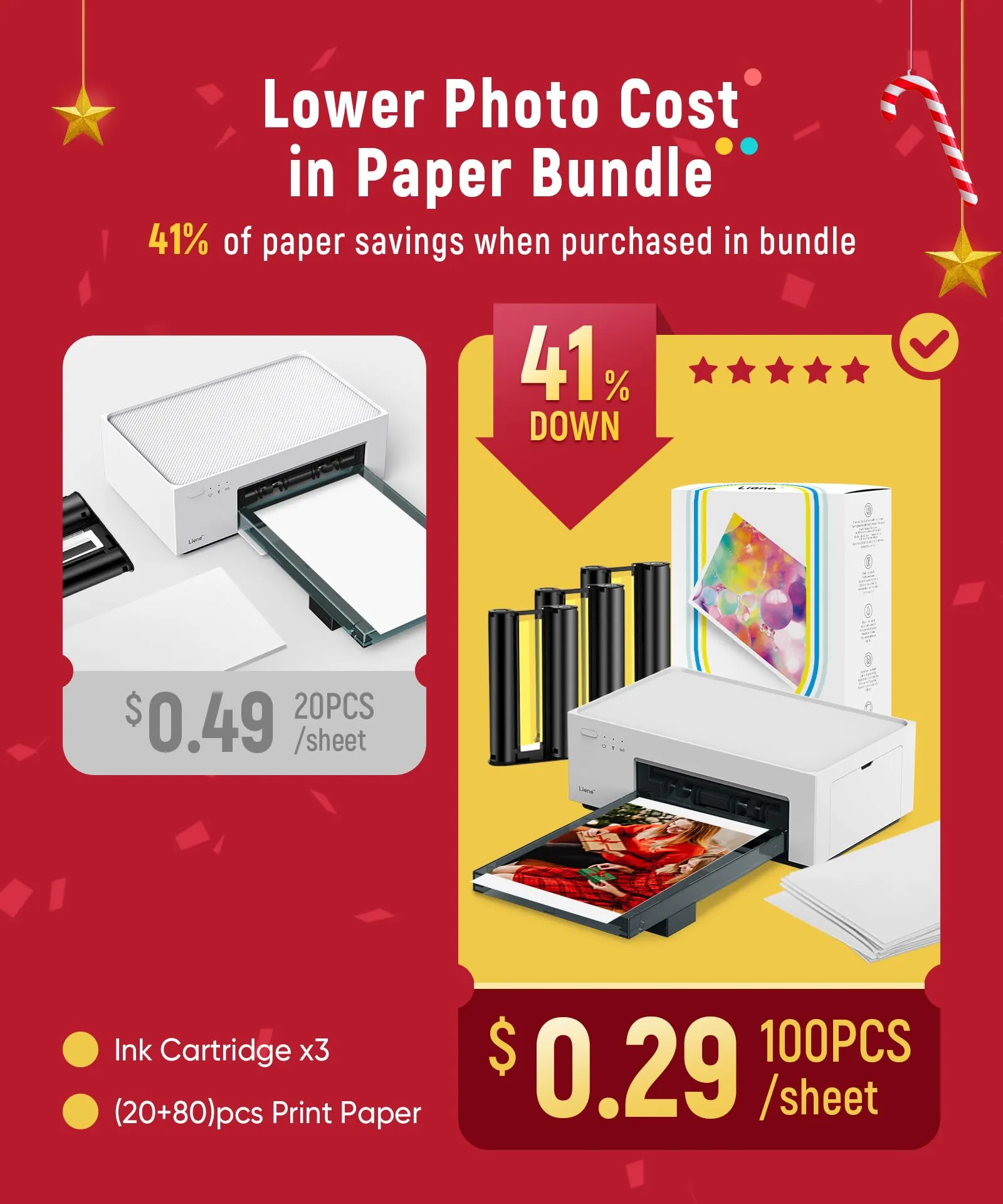 Liene 4x6'' Photo Printer, Phone Printer 100 Sheets & 3 Cartridges, Full-Color Photo, Portable Instant Photo Printer for iPhone Android, Thermal Dye Sublimation, Wi-Fi Picture Printer 100 Papers