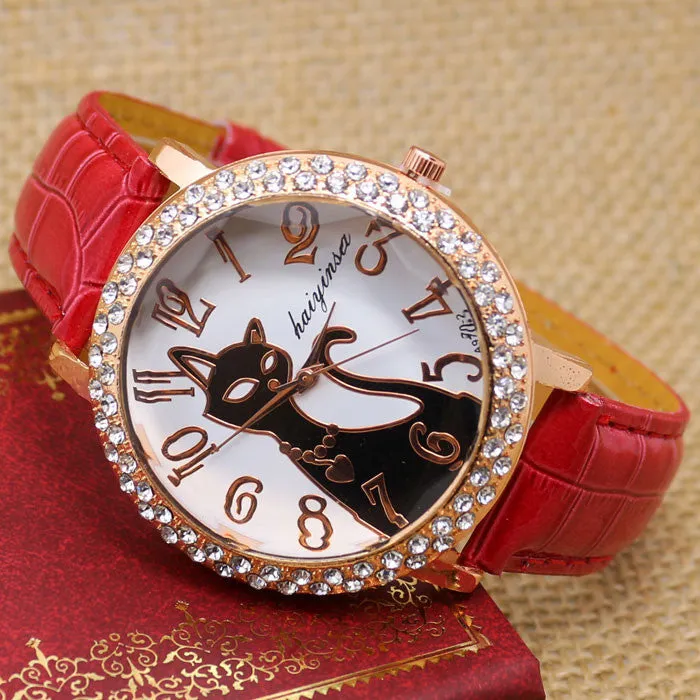 Lovely Black Crystal Cat Round Dial Quartz Watch Women Watch